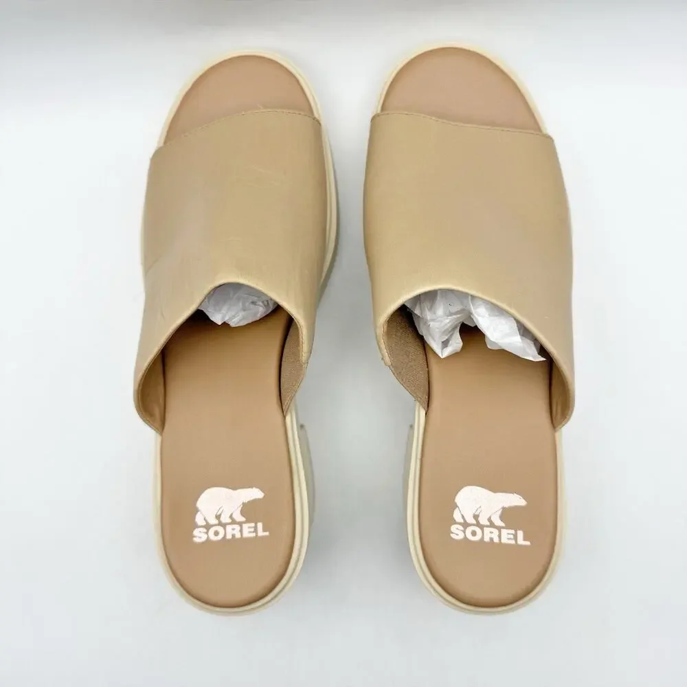 Sorel Womens Joanie Heel Slide Sandal US 7.5 EU 38.5 Beige Tan Leather EUC